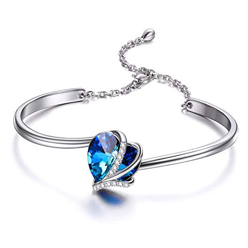 AOBOCO I Love You Jewelry Sterling Silver Love Heart Bangle Bracelet for Women Blue Crystal from Swarovski Engagement Wedding Anniversary Birthday Jewelry Gifts for Bride Sister Daughter Mom Wife