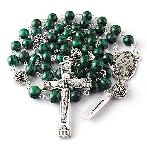 HanlinCC 8mm Malachite Stone Beads Rosary with 10mm AntiSilver Plated Rose Our Father Beads Catholic Rosary Necklace with Miraculous Center Piece and Crucifix with Leather Gift Box