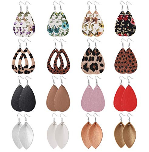 Finrezio 16 Pairs Leather Teardrop Dangle Earrings For Women Petal Leopard Print Leaf Drop Antique Lightweight Earrings