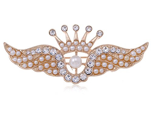 Alilang Golden Tone Clear Rhinestones Faux Pearls Crown Angel Wings Brooch Pin Alilang Golden Tone Clear Rhinestones Faux Pearls Crown Angel Wings Brooch Pin