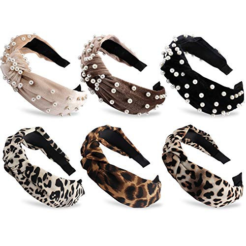 Aprince 3pcs Velvet Wide Headbands and 3pcs Leopard Headbands Knot Turban Headband Vintage Hairband with Faux Pearl Elastic Hair Hoops Fashion headbands for women Hair Accessories for Women and Girls