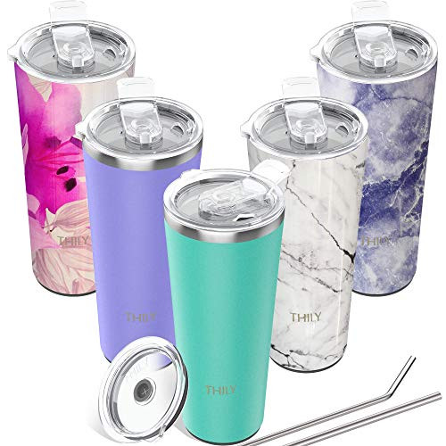 Tumbler Vacuum Insulated Travel Mug  THILY 26 oz Coffee Cup with Lids and Straws Reusable SplashProof Powder Coated Keep Ice Drinks Cold Teal