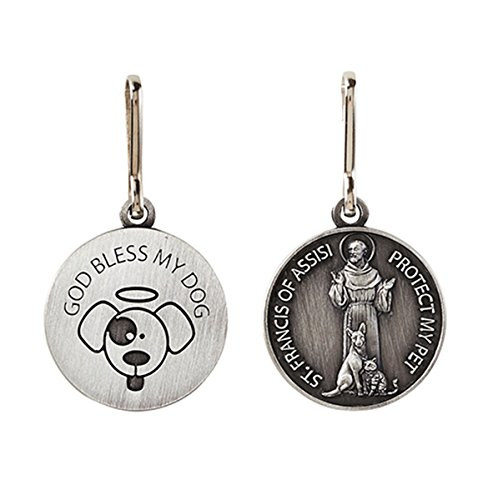 Silver Toned Saint Francis Protect My Pet Medal with God Bless My Dog Back 1 Inch