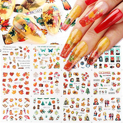 BiBiSi Fall Nail Art Stickers Decals Thanksgiving Fall Maple Leaf Cute Animals Nail Art Supplies Nail Foil Autumn Colors Water Transfer Nail Accessories 12 Design Maple Designs for Acrylic Nails