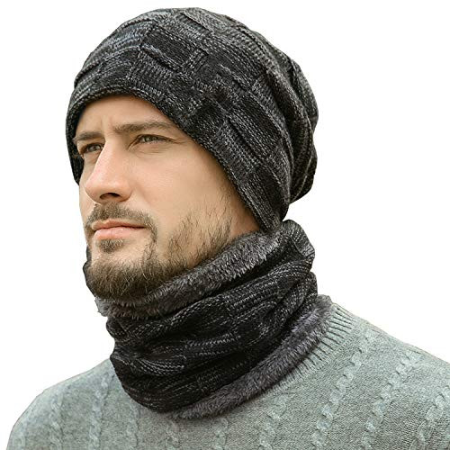 Winter Beanie Hats Scarf Set Warm Knit Hats Skull Cap Neck Warmer with Thick Fleece Lined Winter Hat  Scarf for Men Women Black
