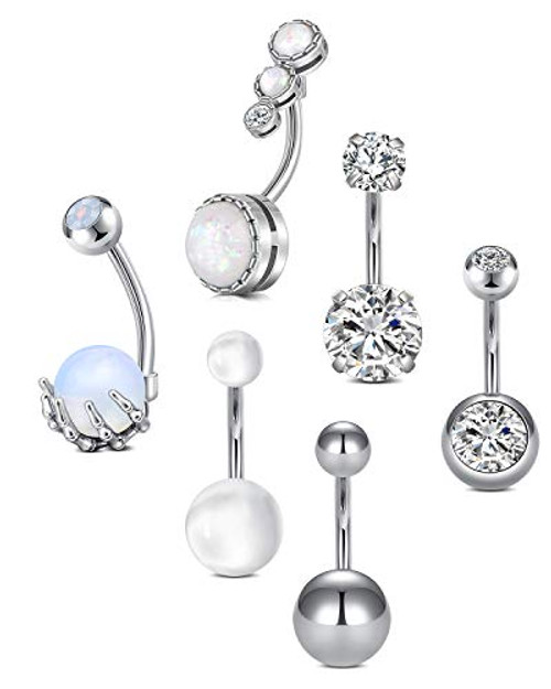 LAURITAMI 14G Belly Button Rings Surgical Steel Opal Skull Hand CZ Navel Piercing Barbell Belly Navel Rings 10mm Body Jewelry for Women Girls