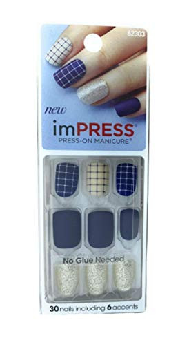 Kiss imPress PressOn Matte Navy Blue Nails # 62303 Bells  Whistles Plaid Design