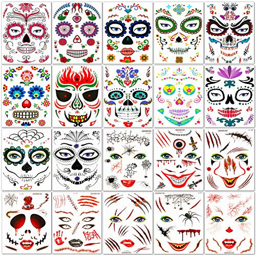 20 Sheets Halloween Temporary Face Tattoos Day of Dead Sugar Skull Face Temporary Tattoo Halloween Makeup Stickers for Halloween Masquerade Party