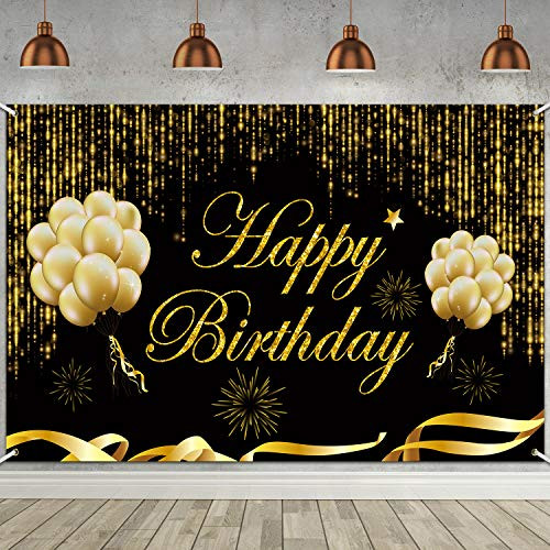6 x 36ft Happy Birthday Party Backdrop Banner Large Fabric Washable Black Gold Glitter Sign Poster Background for 30th 40th 50th 60th 70th 80th Men Women Birthday Party Supplies Decorations