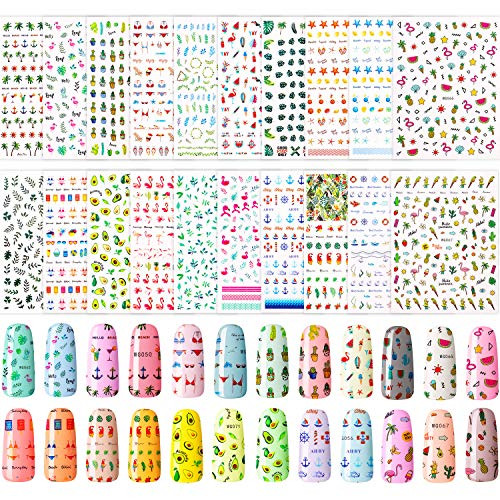 2500 Pieces Summer Nail Art Sticker Hawaii Nail Decals 3D SelfAdhesive Nail Stickers Flamingo Cactus Fruits Ocean Leaves Decals DIY Nail Decoration for Women Girls Kids?20 Sheet