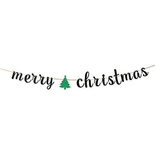 INNORU Black Glitter Merry Christmas Banner with Tree  Merry AF Banner  Christmas Party Bunting Decorations