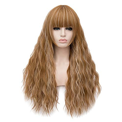 BERON 28 Womens Long Curly Wavy Wig with Bangs Brown Mixed Blonde Synthetic Natural Full Hair Wigs Halloween Cosplay Party Daily Wig Heat Resistant Brown Mixed Blonde