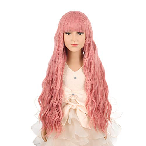 BERON Child Long Curly Wave Girls Cosplay Wig with Bangs Halloween Costumes Anime Party Wig Lovely Pink