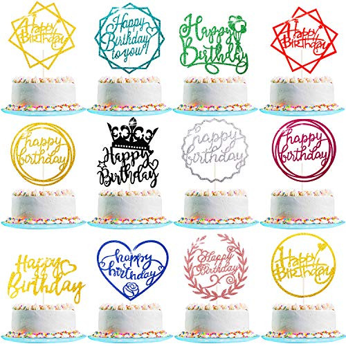 48 Pieces Glitter Birthday Cake Topper Happy Birthday Cupcake Topper Multicolor Cake Decoration Dessert Toppers Picks for Birthday Party 12 Styles