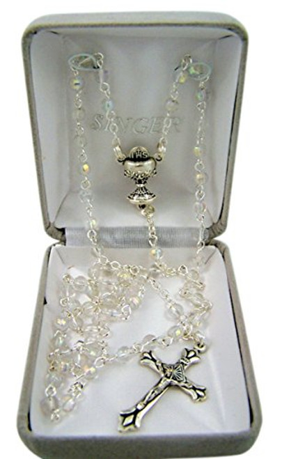 First Communion Clear Glass Prayer Bead Rosary Necklace with Chalice Centerpiece, 22 Inch First Communion Clear Glass Prayer Bead Rosary Necklace with Chalice Centerpiece, 22 Inch