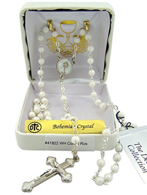 First Communion White Prayer Bead Rosary with Enamel Chalice Centerpiece, 12 Inch First Communion White Prayer Bead Rosary with Enamel Chalice Centerpiece, 12 Inch