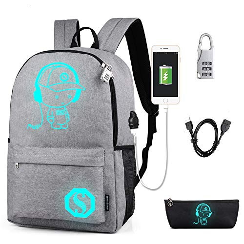 Lmeison Anime Luminous Backpack Waterproof Lightweight Girls Bookbag with USB Charging Port Pencil Case Antitheft Travel Daypack with Lock for Boys 154inch Laptop Bag for School Grey