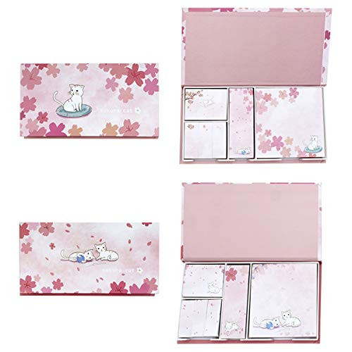 Cute Cat  Sakura Self Sticky Notes 2 Boxs with Box Holder 4 Assorted Sizes Memo Note Pads Creative Posted Writing Pads