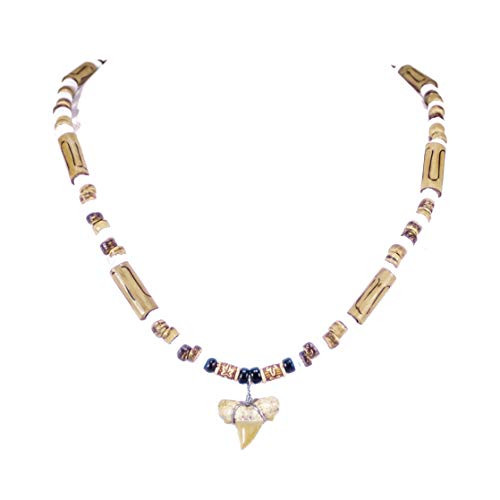 BlueRica Shark Tooth Pendant on Puka Shell Beads and Tiger Coconut Beads Necklace with Wood Tubes 1S BlueRica Shark Tooth Pendant on Puka Shell Beads and Tiger Coconut Beads Necklace with Wood Tubes 1S