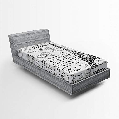 Ambesonne Paris Fitted Sheet Traditional Famous Parisian Elements Bonjour Croissan Coffee Eiffel Tower Print Soft Decorative Fabric Bedding AllRound Elastic Pocket Twin Size Black White