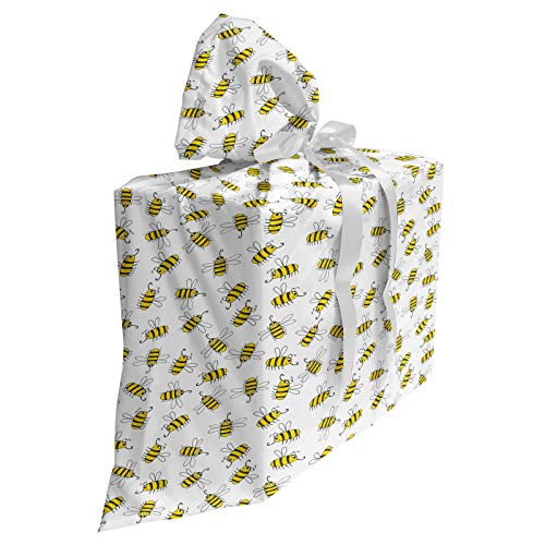 Ambesonne Bee Fabric Gift Bag Nursery Continuous Happy Buzzing Animal Pattern on Plain Backdrop Present Sack for Baby Showers Birthdays with 3 Ribbons 27 X 32 Yellow Charcoal Grey