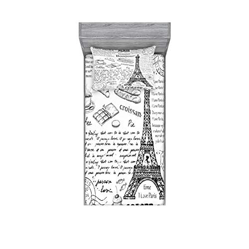 Ambesonne Paris Fitted Sheet  Pillow Sham Set Traditional Famous Parisian Elements Bonjour Croissan Coffee Eiffel Tower Print Decorative Printed 2 Piece Bedding Decor Set Twin Black White