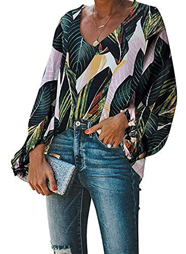 Biucly 2020 Womens Casual Boho Floral Print V Neck Long Sleeve Stylish Drawstring Green Tops Loose Green Blouses Shirts