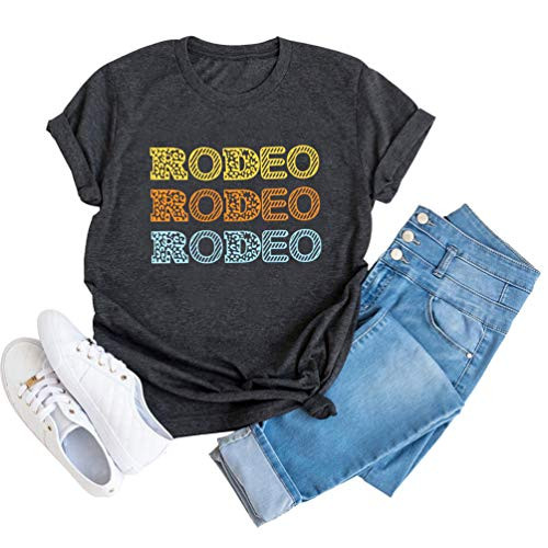 HDLTE Women Rodeo Letter Print Shirts Funny Rodeo Riders Tee Causal Short Sleeve Vintage Tops Dark Grey