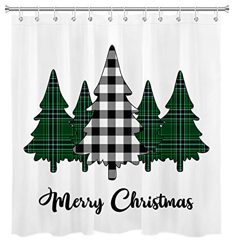 LB Christmas Shower Curtain Black White Buffalo Check Plaid Pine Trees Farmhouse Shower Curtains for Bathroom Decorations Set with Hooks 72x72 inch Waterproof Polyester Fabric