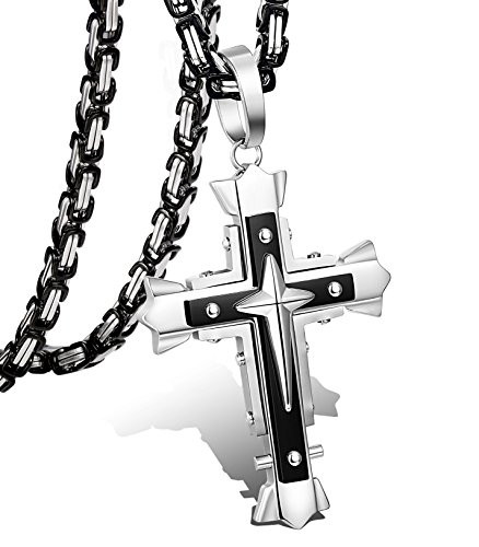 LOLIAS 5MM Stainless Steel Cross Pendant Necklace Men Byzantine Chain Necklace 24 Inches