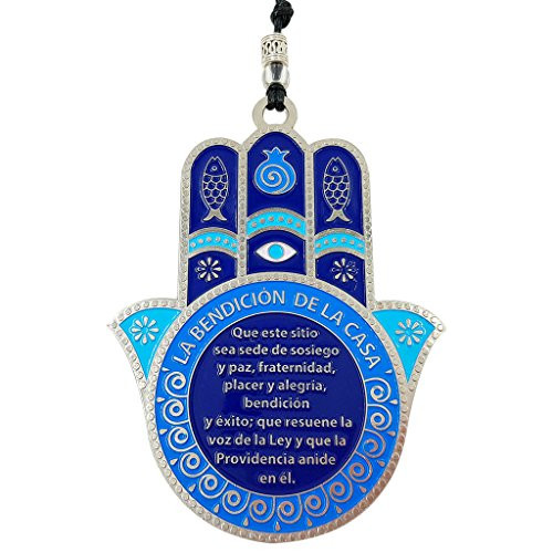 Talisman4U Blue Enamel Good Luck Hamsa Hand Home Blessing Wall Hanging Decor Evil Eye Protection Amulet (Spanish Blessing)