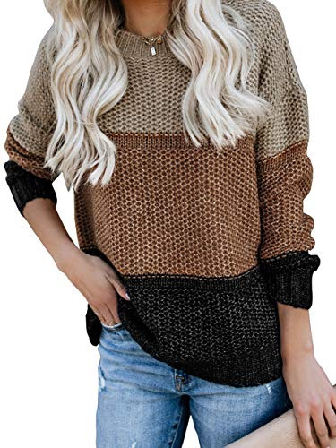 Ybenlow Womens Color Block Oversized Crewneck Sweaters Striped Long Sleeve Loose Chunky Knitted Pullover Jumper Tops Brown