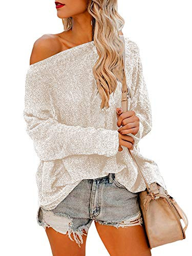 Ybenlow Womens Off Shoulder Sweaters Batwing Sleeve Loose Cozy Oversized Pullover Knit Jumper Tops White