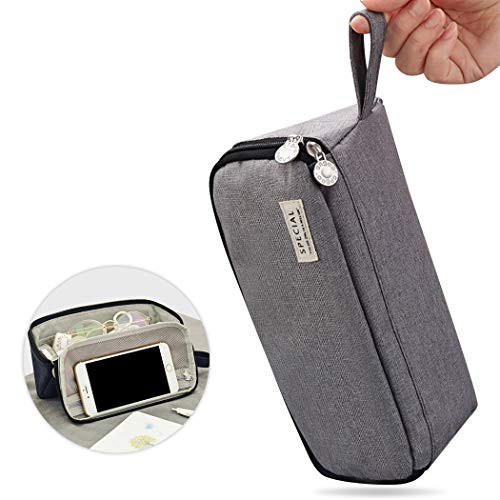 iSuperb Large Capacity Pencil Case Triangle Pencil Pouch Portable Pen Case Zipper Compartments Stationery Organizer Storage Cosmetic Bag for Women Men Gray