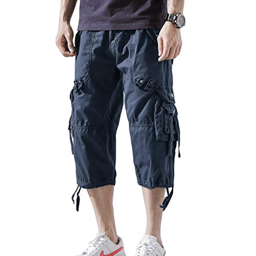 AOYOG Mens Cargo Shorts 34 Relaxed Fit Below Knee Capri Cargo Short Cotton Navy Blue AOYOG Mens Cargo Shorts 34 Relaxed Fit Below Knee Capri Cargo Short Cotton Navy Blue