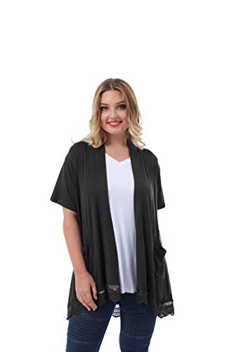 ZERDOCEAN Womens Plus Size Short Sleeve Lace Trim Lightweight Printed Drape Cardigan with Pockets Black 2X
