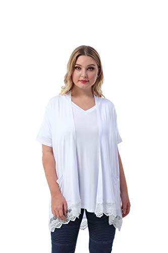 ZERDOCEAN Womens Plus Size Short Sleeve Lace Trim Lightweight Printed Drape Cardigan with Pockets White 1X
