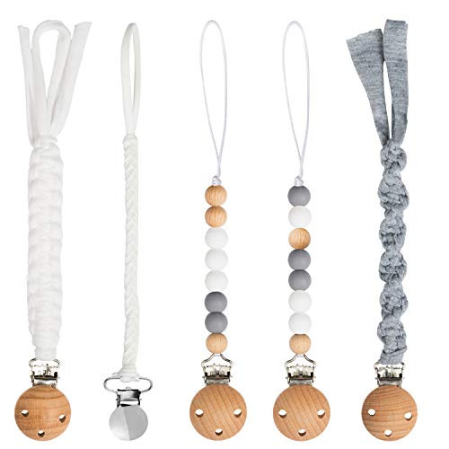 5 Pack Babies Pacifier Clips 91 Inch Pacifier Leashes Metal Teething Clips Teether Toy with Braided Cotton Rope Chewbeads Pacifier Toys for Baby Boys Girls Baby Shower Birthday Christmas