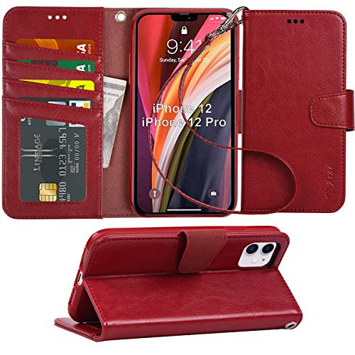 Arae Case for iPhone 12 and iPhone 12 Pro Wallet Case Flip Cover with Card Holder and Wrist Strap for iPhone 1212 Pro 61 inch  Wine red