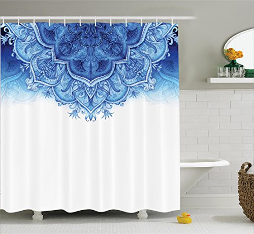 Ambesonne Moroccan Shower Curtain, Floral Artwork Vintage Style with Eastern Architectural Elements Oriental Pattern, Fabric Bathroom Decor Set with Hooks, 70 Inches, Blue White