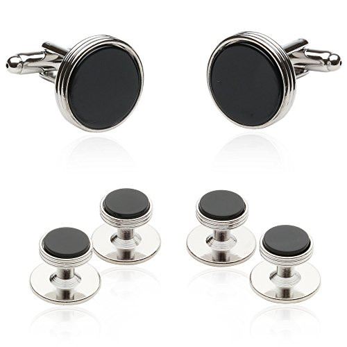 Mens Tuxedo Cufflinks and Studs Formal Set in Black Onyx and Silver with Presentation Box