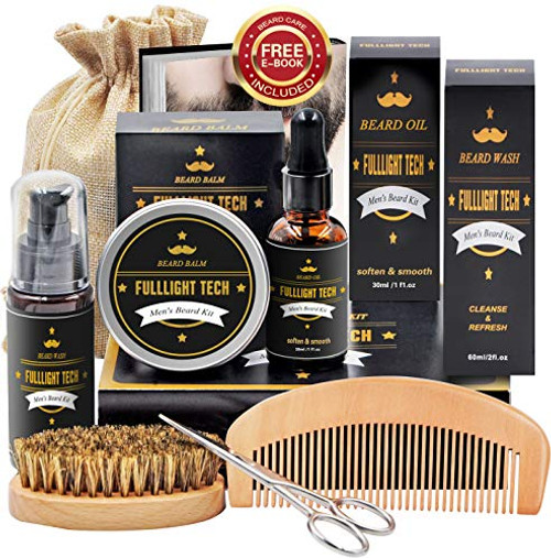 Beard Kit for Men Grooming & Care W/Beard Wash/Shampoo,Unscented Beard Growth Oil,Beard Balm Leave-in Conditioner,Beard Comb,Beard Brush,Beard Scissor 100% Natural & Organic for Beard Care