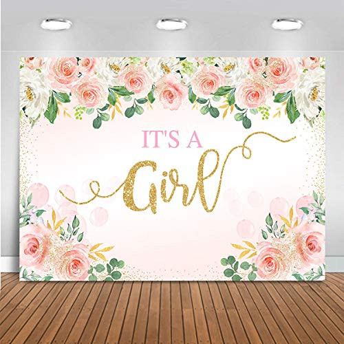 Mocsicka Pink Floral Baby Shower Backdrop Its A Girl Princess Confetti Rose Gold Celebration Photography Backgrounds Newborn Cake Smash Party Decoration Photo Shoot Props 7X5ft
