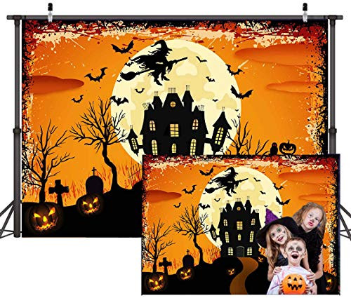 Mocsicka Halloween Photography Backdrop Horrible Forest Pumpkin Castle Theme Party Decoration Background Horror Moon Night Bat and Witch Black Background Studio Prop Party Banners 7x5ft