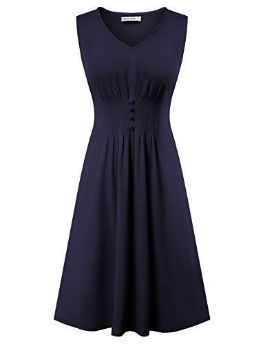 GRACE KARIN Women Casual Summer Sleeveless Pleated Flare Aline Swing Dress Navy L