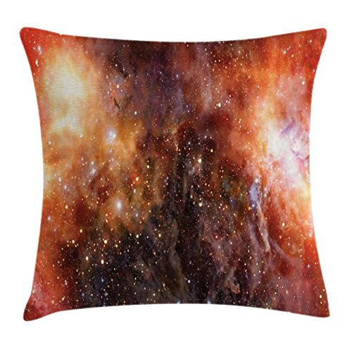 Ambesonne Outer Space Throw Pillow Cushion Cover, Nebula Gas Cloud in Deep Outer Space Galaxy Expanse Milky Way Star Art, Decorative Square Accent Pillow Case, 16 X 16 Inches, Burnt Orange Black