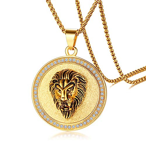 Cupimatch Gold Plated Circle of Rhinestone Crystal Lion Head Medallion Round Pendant Necklace Chain Mens Stainless Steel Gothic 24 Link Charm Necklace Cupimatch Gold Plated Circle of Rhinestone Crystal Lion Head Medallion Round Pendant Necklace Chain Mens Stainless Steel Gothic 24 Link Charm Necklace