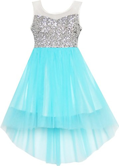 Sunny Fashion Flower Girls Dress Blue Sequin Mesh Party Wedding Bridesmaid Size 6