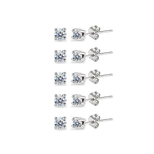5Pair Set Sterling Silver Clear 3mm Round Stud Earrings Made with Swarovski Crystals