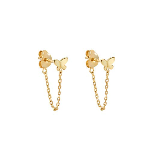 SLeaf Tiny Butterfly Stud Earrings with Chain Sterling Silver Gold Earrings for Women goldtone